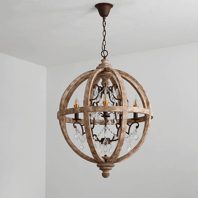 French Retro Chandelier Wood Crystal Pendant Light Fixture for Bedroom Living Room