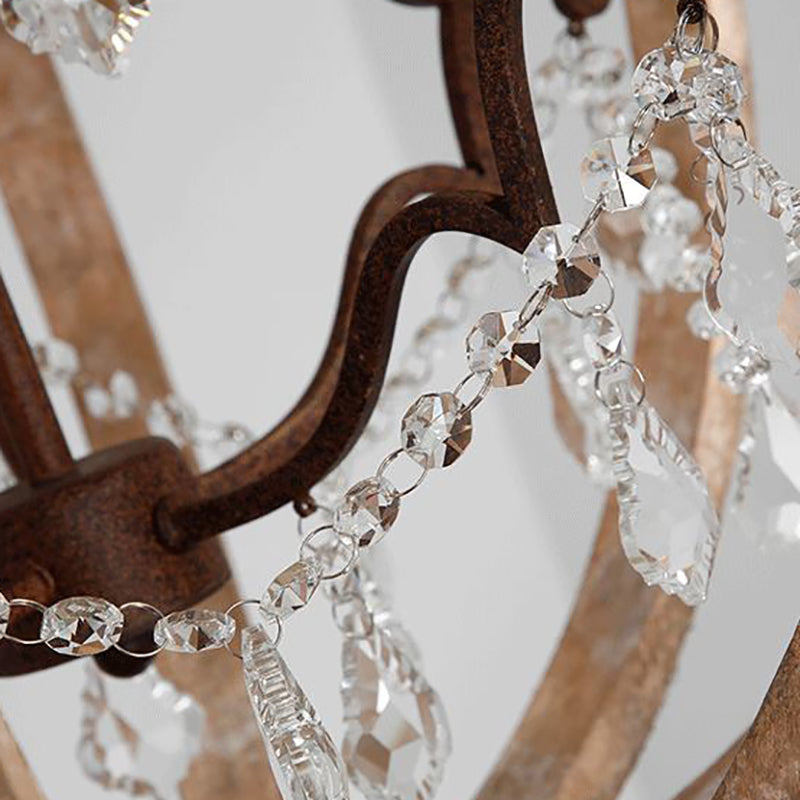 French Retro Chandelier Wood Crystal Pendant Light Fixture for Bedroom Living Room