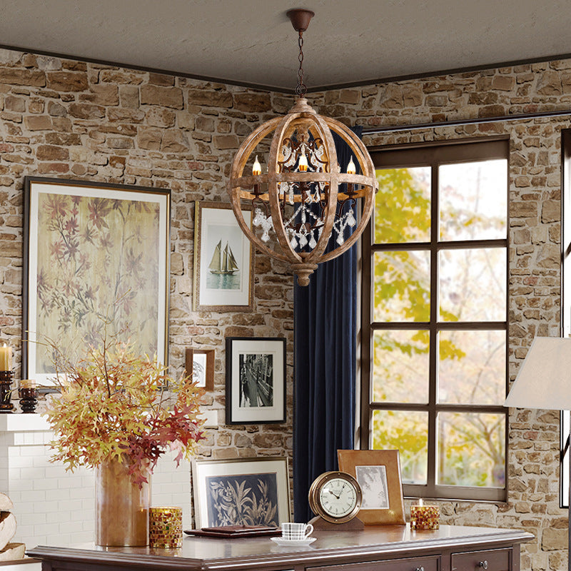 French Retro Chandelier Wood Crystal Pendant Light Fixture for Bedroom Living Room