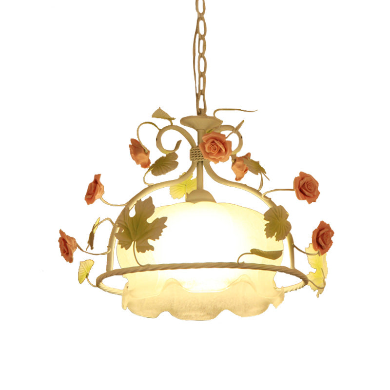 Countryside Scallop Chandelier Light Fixture 3 Bulbs Opal Glass LED Drop Pendant in White/Green for Living Room