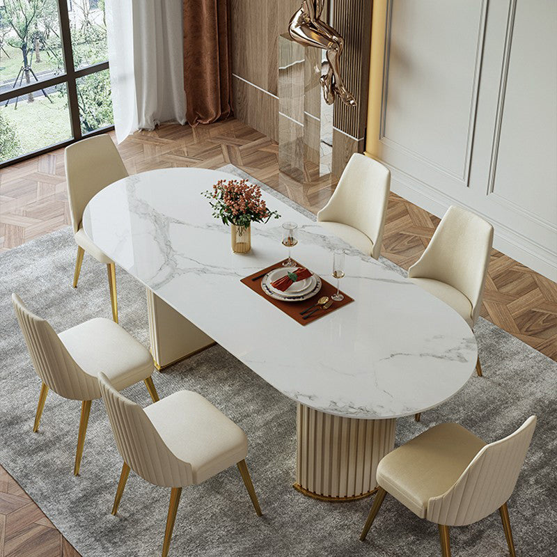 Mesa de comedor ovalada moderna de metal mesa de piedra sinterizada blanca con pedestal doble