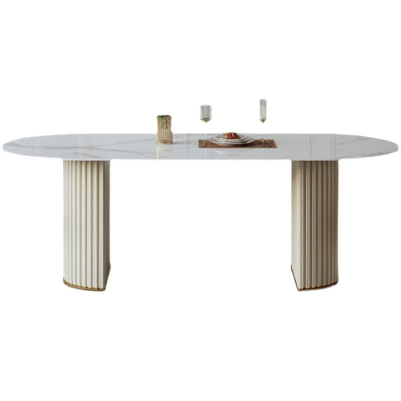 Mesa de comedor ovalada moderna de metal mesa de piedra sinterizada blanca con pedestal doble