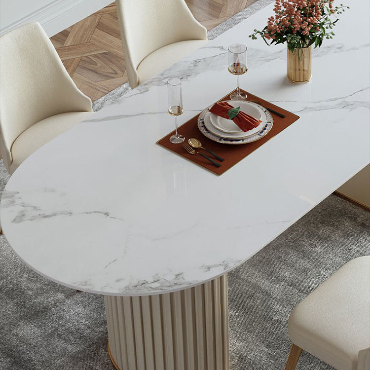 Mesa de comedor ovalada moderna de metal mesa de piedra sinterizada blanca con pedestal doble