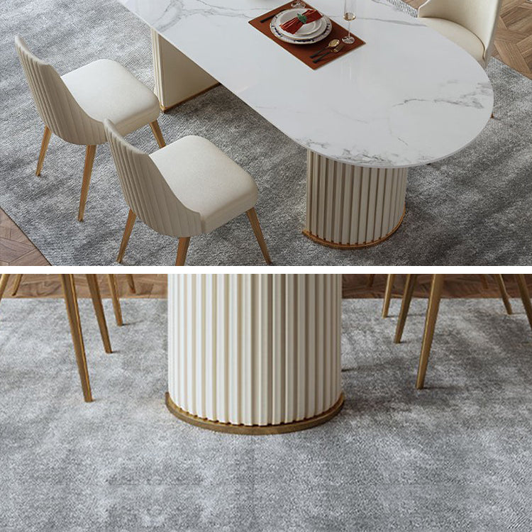 Mesa de comedor ovalada moderna de metal mesa de piedra sinterizada blanca con pedestal doble