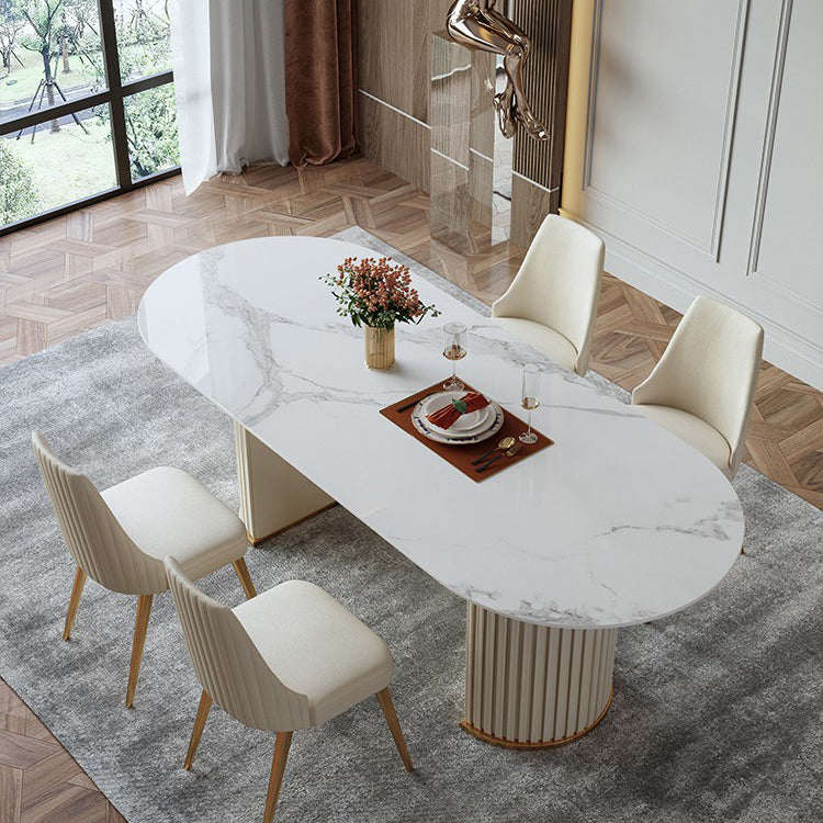 Mesa de comedor ovalada moderna de metal mesa de piedra sinterizada blanca con pedestal doble