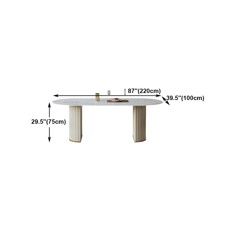 Mesa de comedor ovalada moderna de metal mesa de piedra sinterizada blanca con pedestal doble