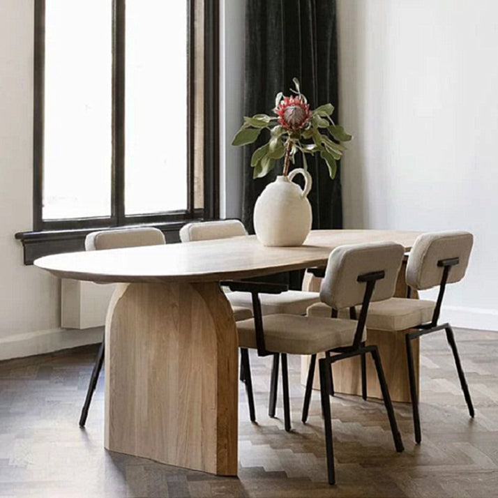 Modern Indoor Pine Wood Table for Restaurant Oval Dining Table with Double Pedestal