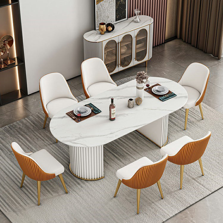 Ovale gesinterde steen witte toon eettafel moderne dubbele voetstuk tafel voor eetkamer