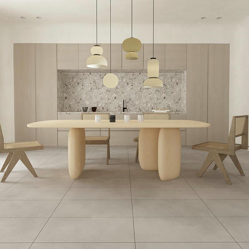Table à manger rectangulaire jaune clair, Table en bois massif de pin de luxe avec 3 pieds