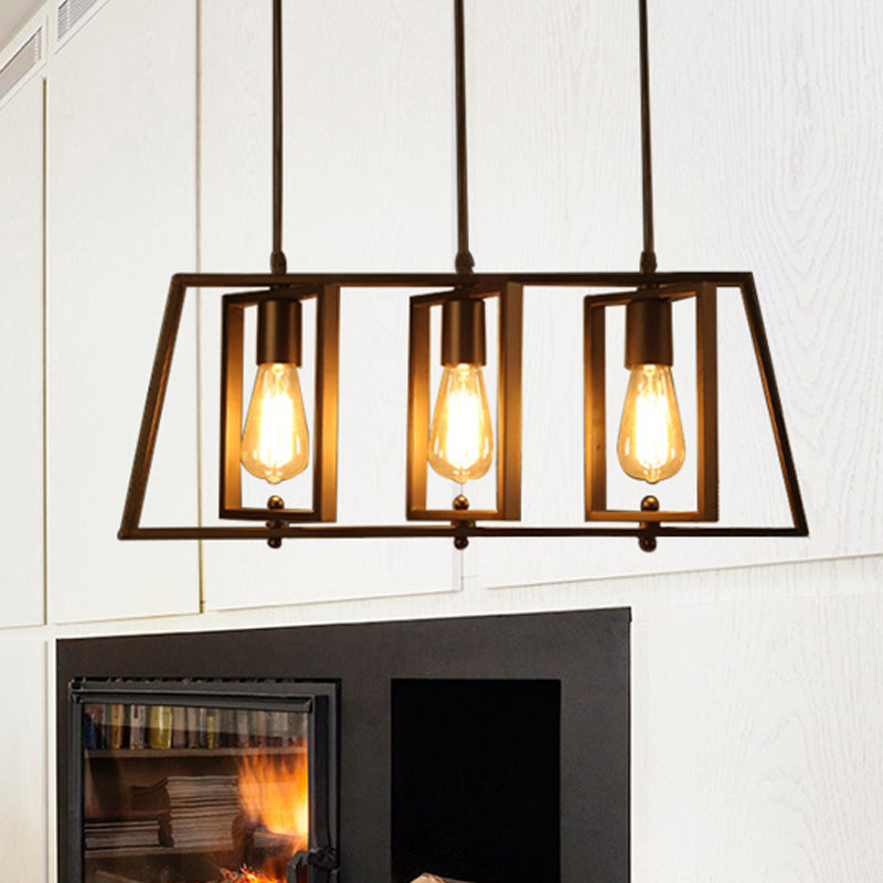 Farmhouse Trapezoid Frame isola Luce a sospensione 3 luci Metallic Island Lampadella Lampada con lampadina aperta in nero