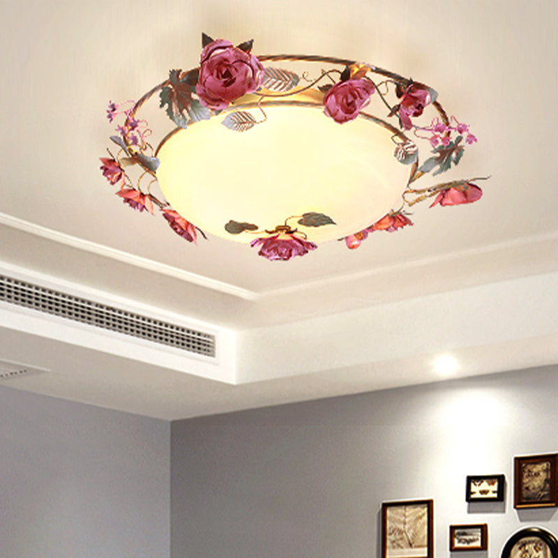 Bowl Dining Room Ceiling Lamp Countryside Metal 2/3/4 Bulbs White Flush Mount Light Fixture with Flower Decor