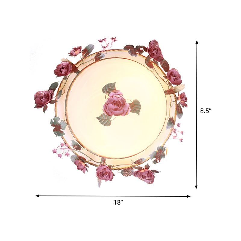 Bowl Dining Room Ceiling Lamp Countryside Metal 2/3/4 Bulbs White Flush Mount Light Fixture with Flower Decor