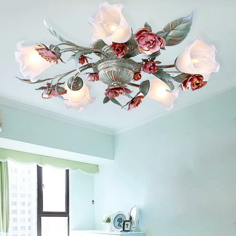 Metal Spiral Ceiling Lighting Korean Garden 3/5/8 Heads Bedroom Semi Flush Mount Light Fixture in Green with Rose