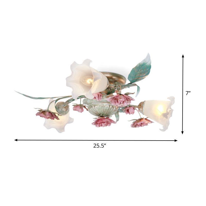 Metal Spiral Ceiling Lighting Korean Garden 3/5/8 Heads Bedroom Semi Flush Mount Light Fixture in Green with Rose