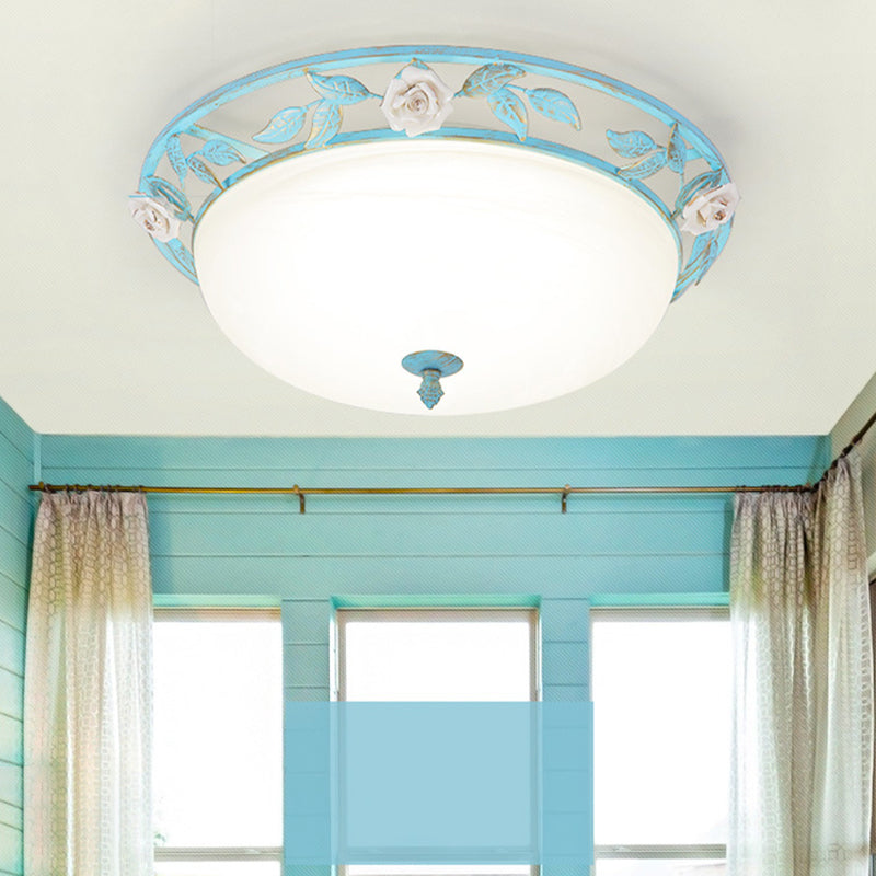 15"/19" W Metal Bowl Ceiling Lighting Korean Flower 1 Head Bedroom Flush Mount Light Fixture in Pink/Blue/Green