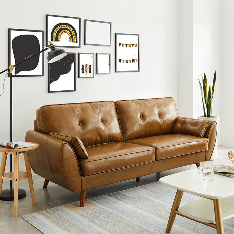 Modern Leather Sofa Flared Arm Button-tufted Loose Back Sofa for Living Room Bedroom
