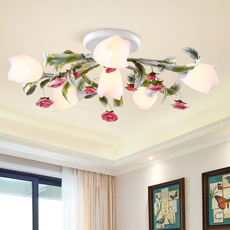 Rose Living Room Semi-Flush Mount Pastoral Metal 4/6/9 Heads Green and White Close to Ceiling Lamp