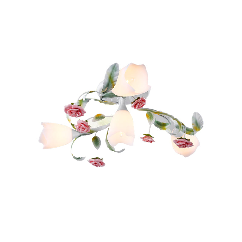 Rose Wohnzimmer Halbflush Mount Pastoral Metal 4/6/9 Köpfe Grün und weiß in der Nähe der Deckenlampe