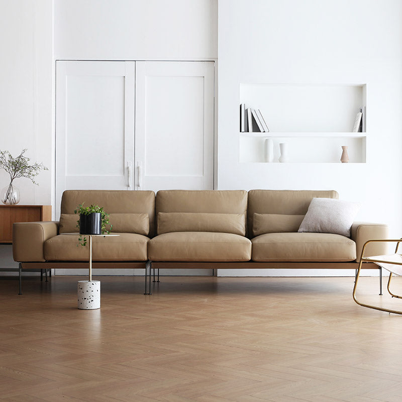 32" High Genuine Leather Square Arm Modern Sofa with Bolster Pillows, Brown