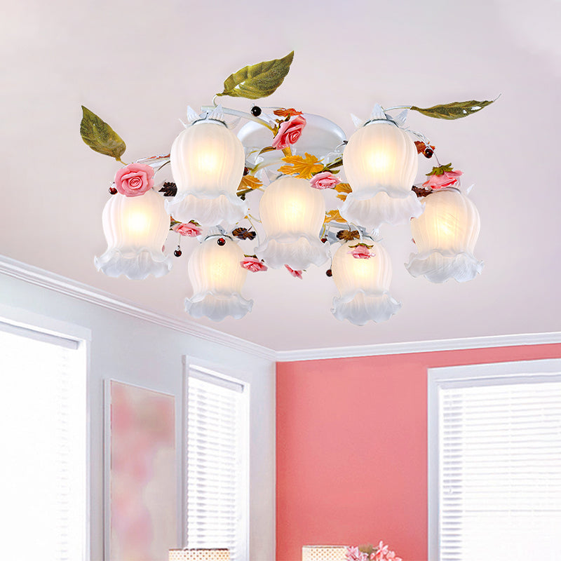 Bloom Living Room Semi Flush Korean Garden Metal 7/9 Bulbs White Close to Ceiling Lighting Fixture