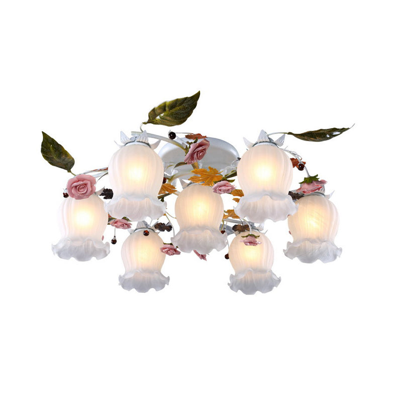 Bloom Living Room Semi Flush Korean Garden Metal 7/9 Bulbs White Close to Ceiling Lighting Fixture