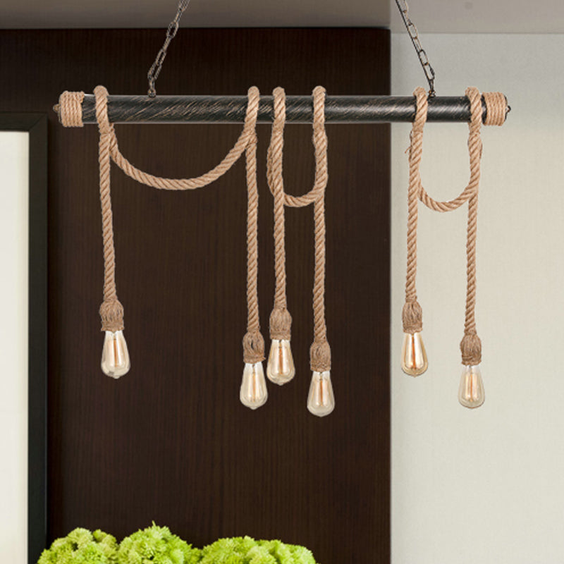 Verstelbaar touw blootgesteld eilandlicht retro industrieel 5/6-licht restaurant eiland plafondlicht in beige/lichtgeel