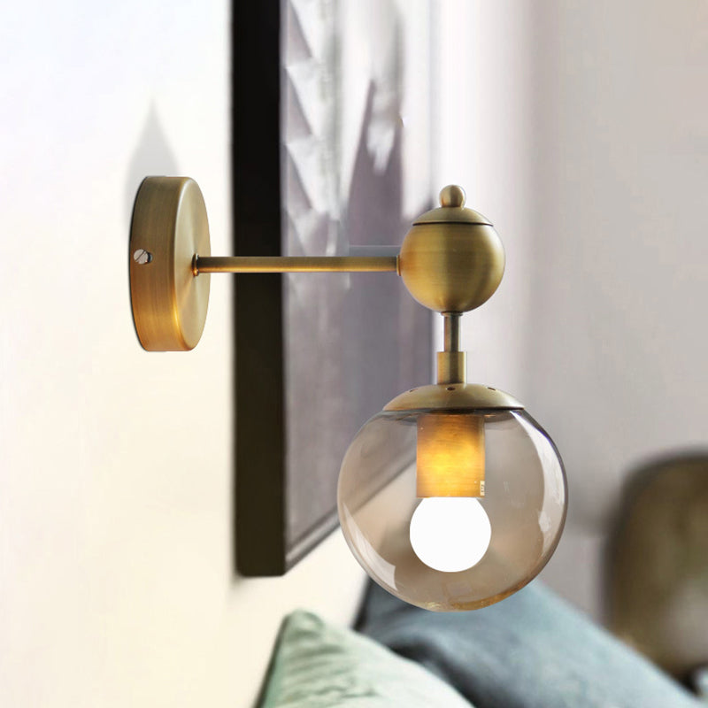 1/2-Head Global Wall Mount Light with Amber Glass Shade Modernist Wall Sconce Lighting in Gold for Bedroom