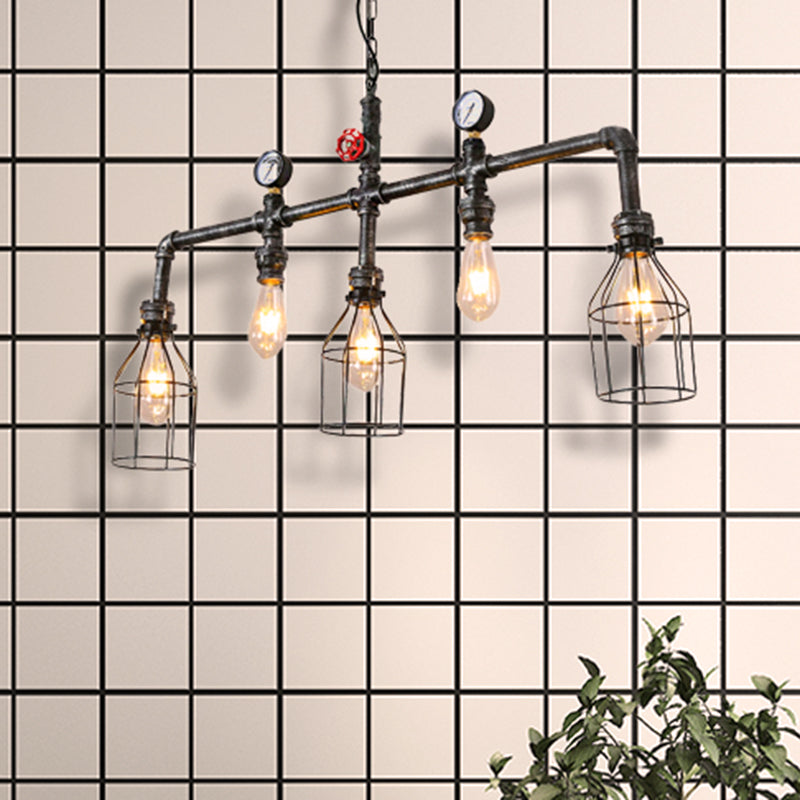 Aged Silver 5 Bulbs Island Lighting Industrial Metallic Caged Hanging Lamp with Pipe and Pressure Gauge