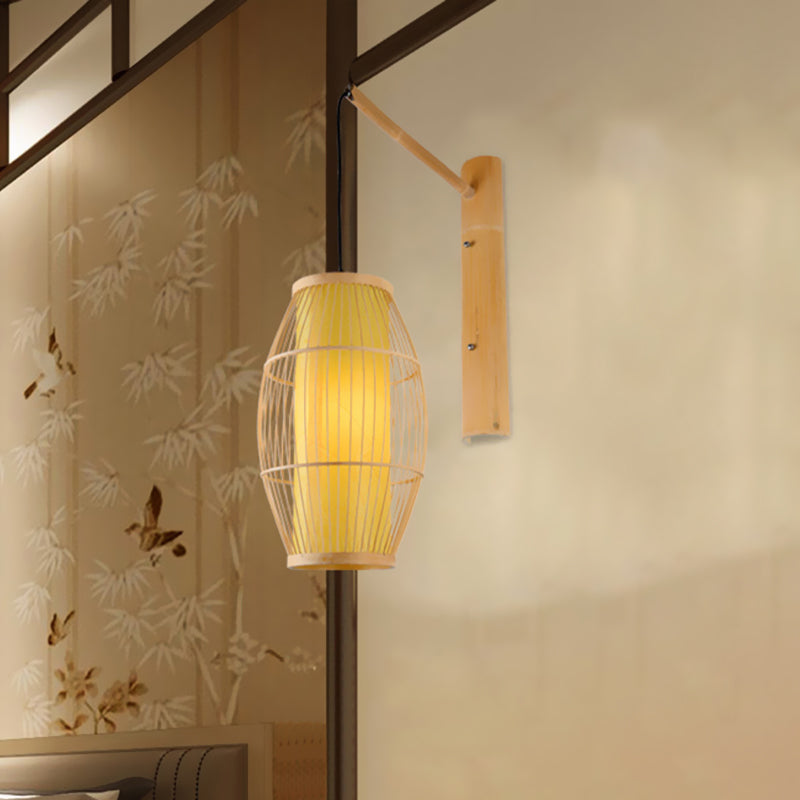 Style asiatique oblong suspendu mural bambou 1 bulbe de chambre à coucher applique luminaire en beige