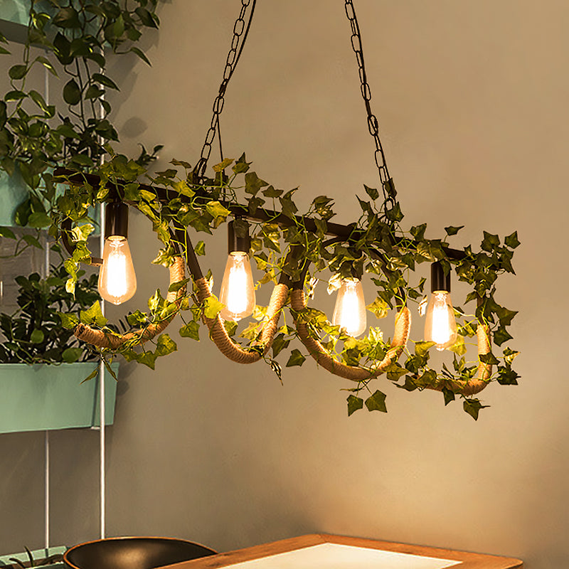 4 Lights Linear Island Lamp with Artificial Plant Lodge Metal Hanging Light in Black