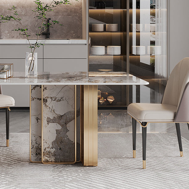 1/4/5/9 Pieces Rectangle Glam Furniture Stone Dining Table Set with Double Pedestal Base