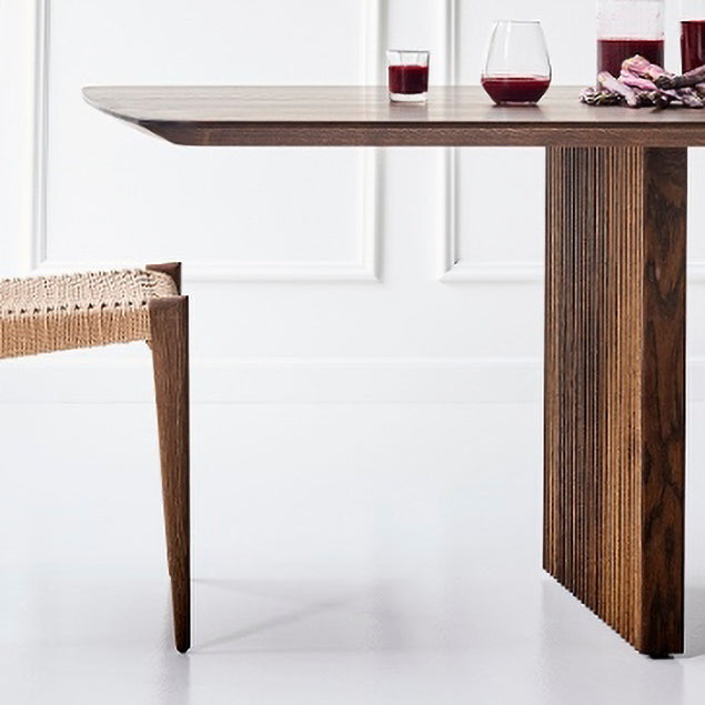 Solid Wood Top Dining Table Rectangle Contemporary Table with Double Pedestal Base