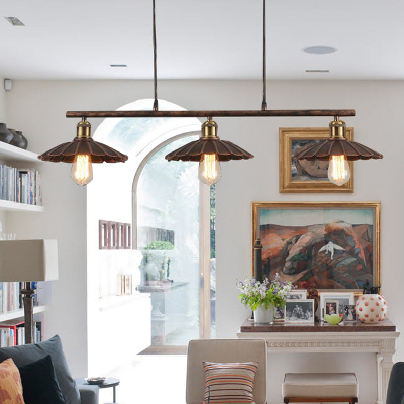 Scalloped Edged Metal Island Light Antique Style 3 Heads Dining Table Pendant Lighting in Rust