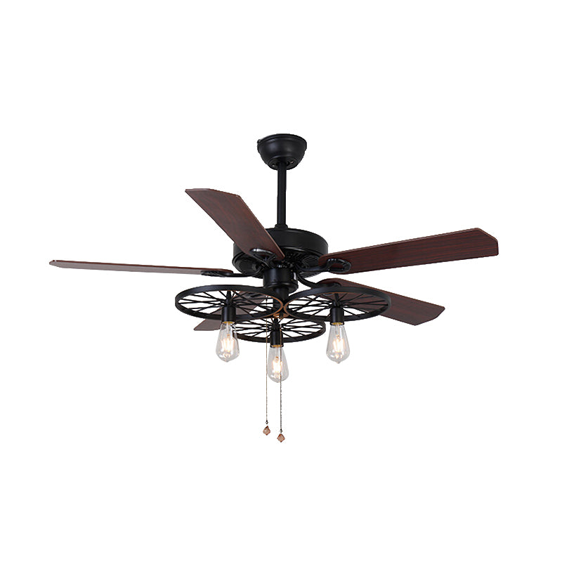 3 Lights Wheel Ceiling Fan Industrial Retro Metal Semi Flush in Black with 5 Blades