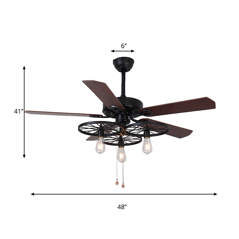 3 Lights Wheel Ceiling Fan Industrial Retro Metal Semi Flush in Black with 5 Blades