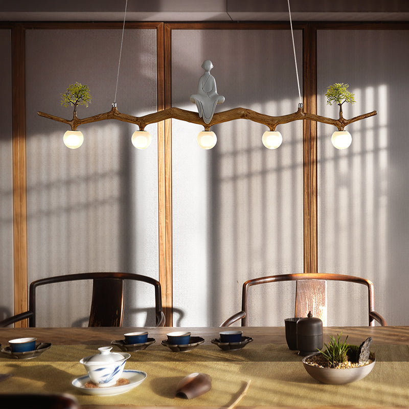 Brown Resin Island Lights Modern Restaurant Multi-Head Restaurant Lamphing con sombra de vidrio de globo