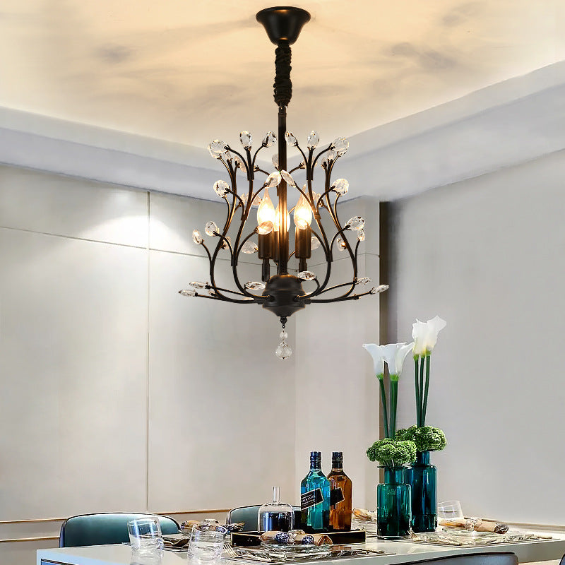French Retro Pendant Light Fixture 3 Light Metal Crystal Chandelier for Bedroom