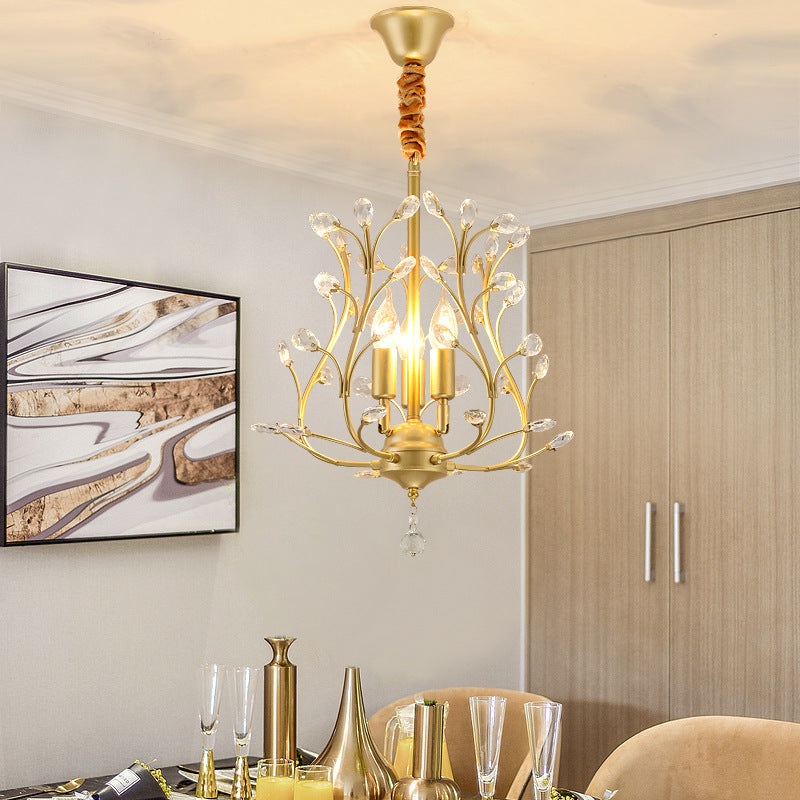 French Retro Pendant Light Fixture 3 Light Metal Crystal Chandelier for Bedroom
