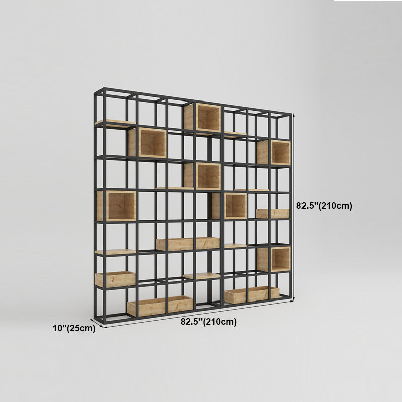 Modern Open Etagere Bookshelf with Black Iron Frame Pine Wood Shelf