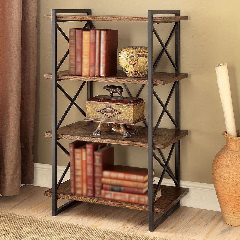Industrial Open Etagere Bookshelf with Black Iron Frame Solid Wood Shelf