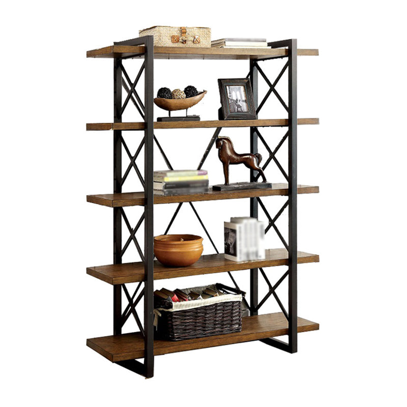 Industrial Open Etagere Bookshelf with Black Iron Frame Solid Wood Shelf