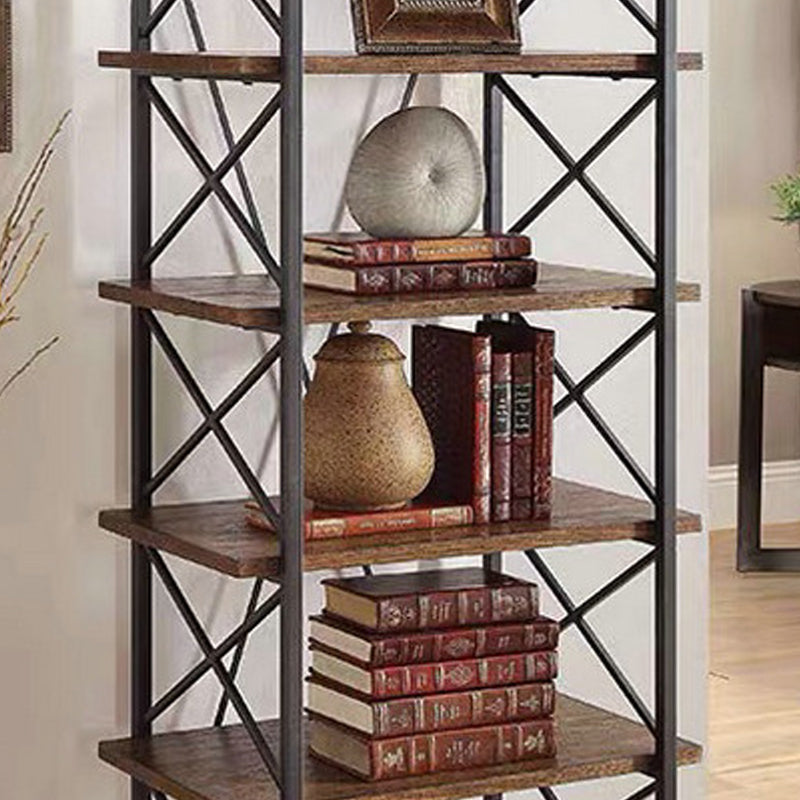 Industrial Open Etagere Bookshelf with Black Iron Frame Solid Wood Shelf
