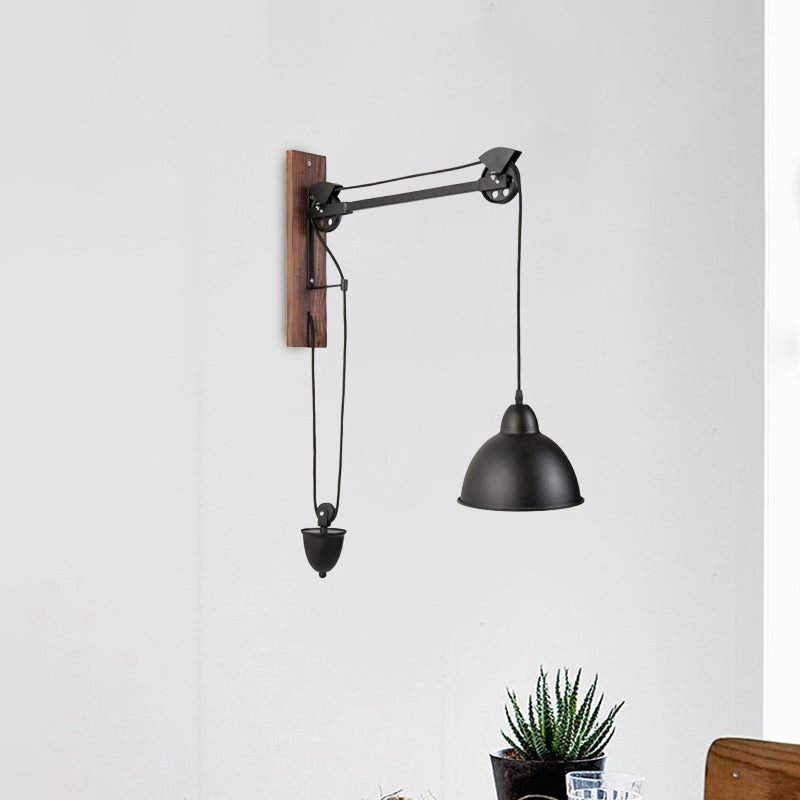Domed Indoor Wall Mount Light Industrial Metal 1 Head Black Sconce Light with Beige/Brown Wood Backplate and Pulley