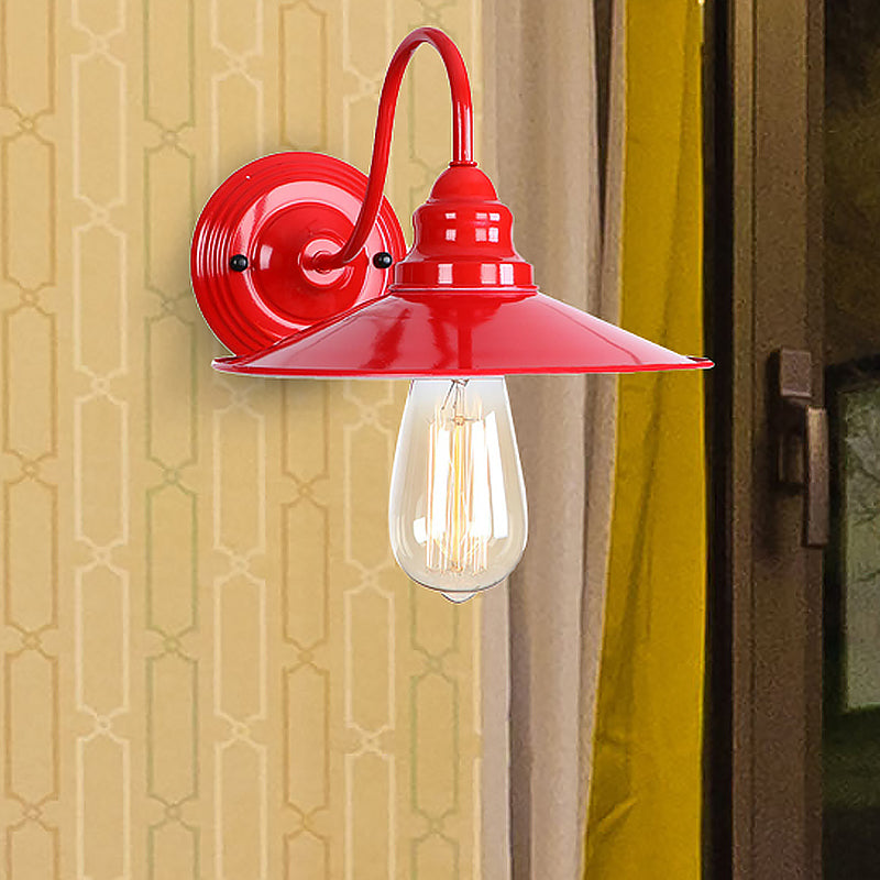 Metal Polished Red Wall Lighting Flat Shade 1 Head Industrial Stylish Sconce Light with Gooseneck Arm