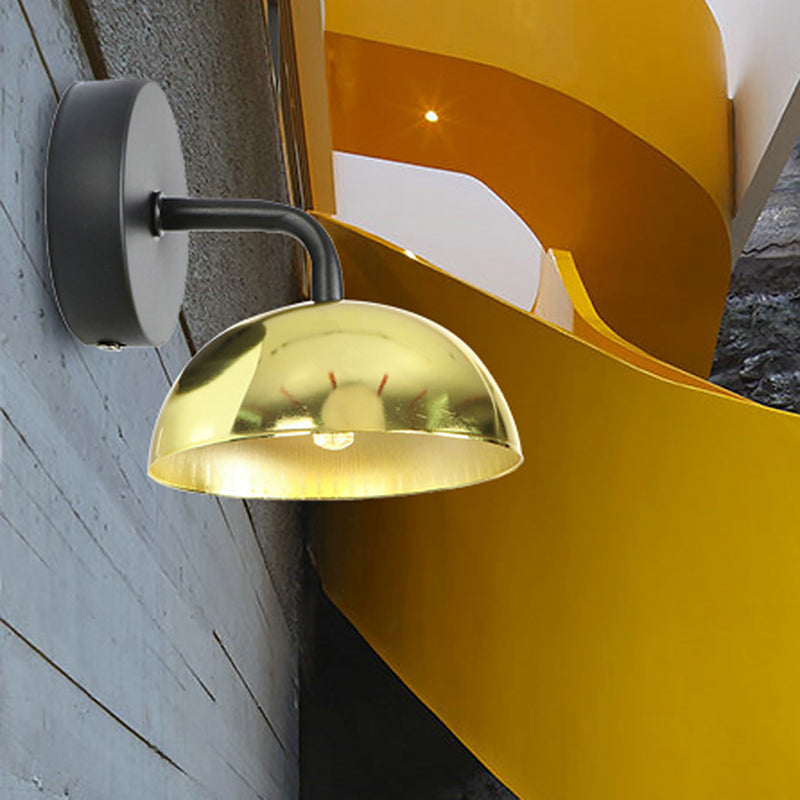 1 Light Wall Sconce Industrial Dome Shade Metal Down Wall Light with Curved Arm in Black/Brass for Bedroom