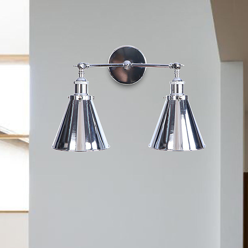 Accesorio de montaje de pared cónico cromado pulido al estilo retro de hierro 2 luces de comedor luz de montaje en la pared