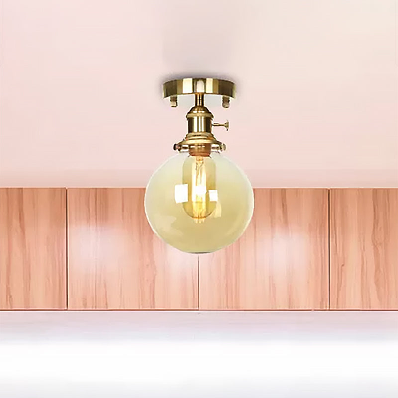 Brass One Bulb Ceiling Lighting Farmhouse Clear/Amber Glass Globe Semi Flush Light for Dining Room