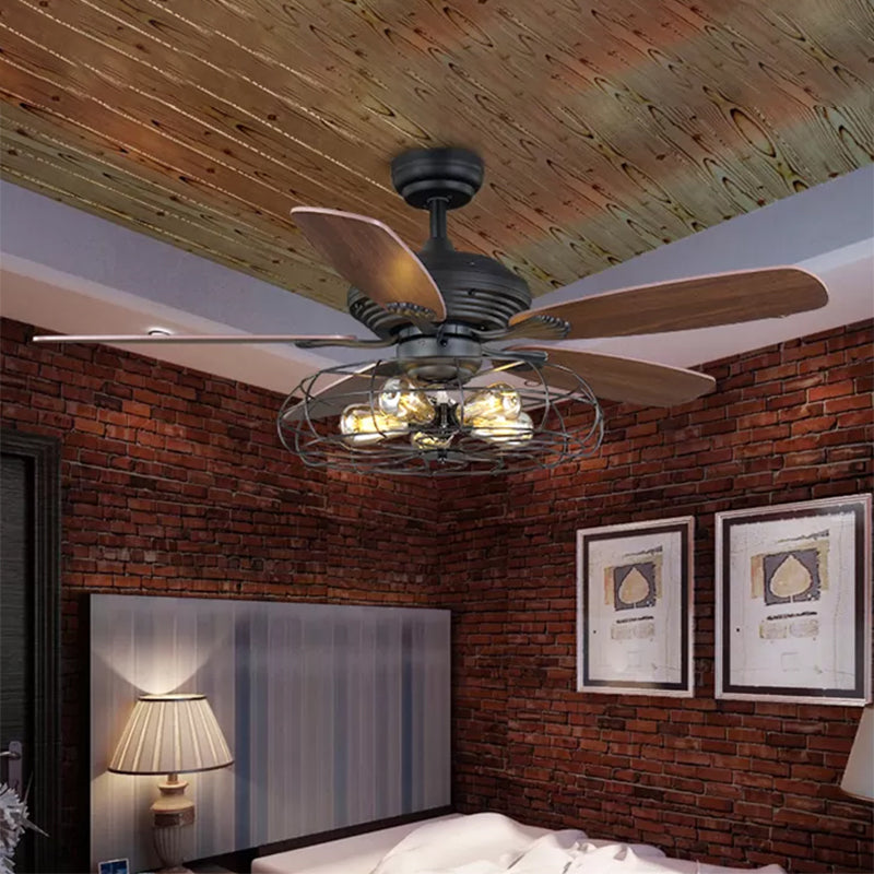 Vintage Cage Shape Semi Flush Mount Metal 5 Lights Fan Light Fixture for Dining Room