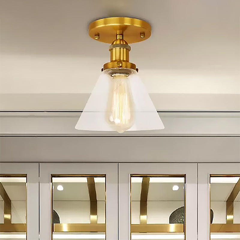 Single Bulb Semi-Flush Mount Industrial Conical Clear Glass Ceiling Light in Black / Brass / Copper