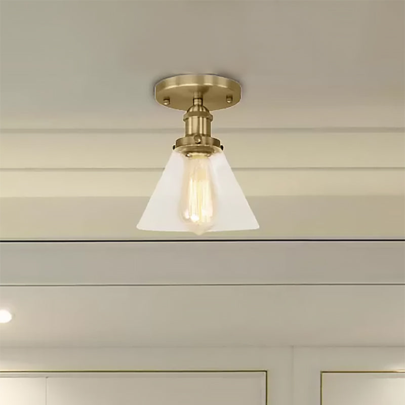 Single Bulb Semi-Flush Mount Industrial Conical Clear Glass Ceiling Light in Black / Brass / Copper